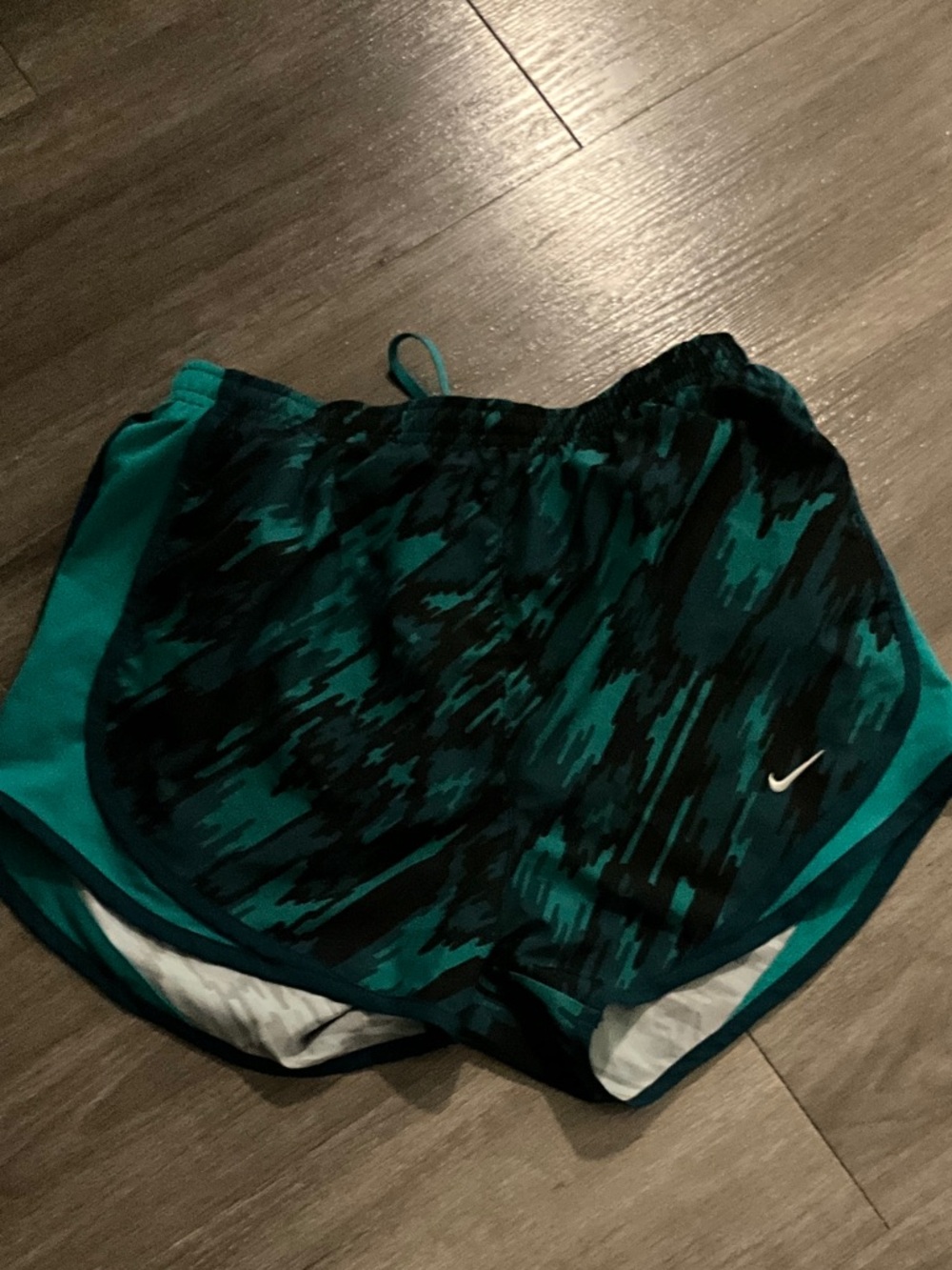 Nike Women's Teal and Black Patterned Athletic Shorts